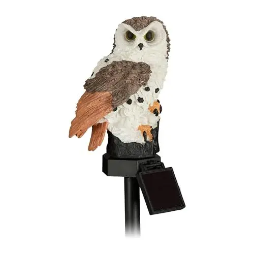 Produktbild: Relaxdays Solareule, mit Erdspieß, wetterfeste LED Eule, Gartenstecker, für den Außenbereich, Solarleuchte, weiß/grau
