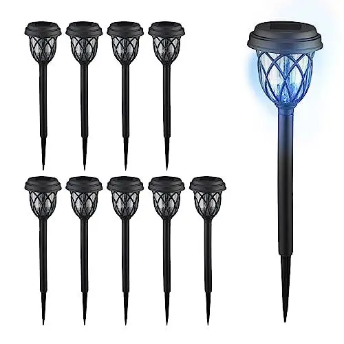 Produktbild: Relaxdays Solarlampen 10er Set, Laternen-Optik, LED Gartenleuchten, HxD: 42,5 x 10 cm, mit Erdspieß, schwarz/transparent, Kunststoff