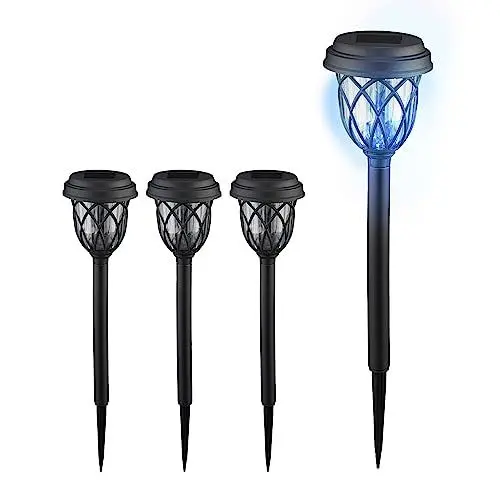 Produktbild: Relaxdays Solarlampen 4er Set, Laternen-Optik, LED Gartenleuchten, HxD: 42,5 x 10 cm, mit Erdspieß, schwarz/transparent