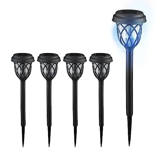 Produktbild: Relaxdays Solarlampen 5er Set, Laternen-Optik, LED Gartenleuchten, HxD: 42,5 x 10 cm, mit Erdspieß, schwarz/transparent, Kunststoff