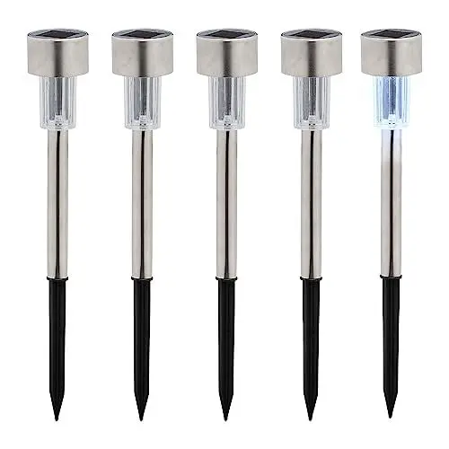Produktbild: Relaxdays Solarlampen 5er Set, kaltweiß, wasserdicht, Dämmerungssensor, LED Solarlicht, HxD: 31 x 4,5 cm, Silber/schwarz, Metall
