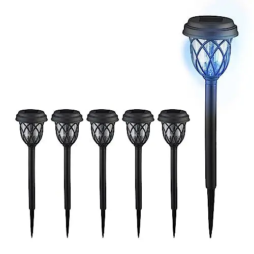Produktbild: Relaxdays Solarlampen 6er Set, Laternen-Optik, LED Gartenleuchten, HxD: 42,5 x 10 cm, mit Erdspieß, schwarz/transparent