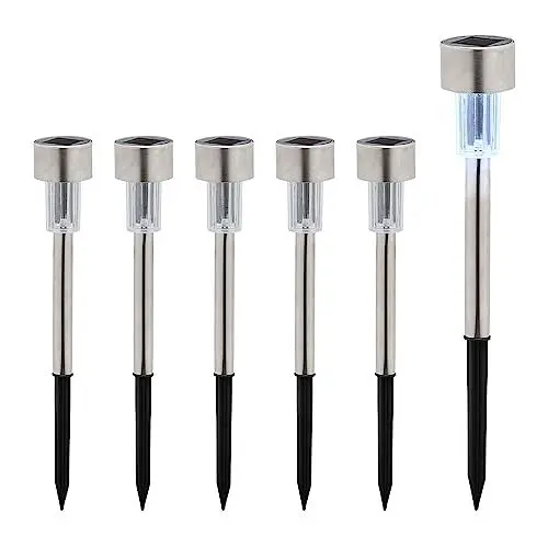 Produktbild: Relaxdays Solarlampen 6er Set, kaltweiß, wasserdicht, Dämmerungssensor, LED Solarlicht, HxD: 31 x 4,5 cm, Silber/schwarz, Metall