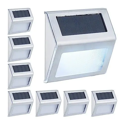 Produktbild: Relaxdays Solarlampen für Wand, 8er Set, Hauseingang & Garten, LED Außenleuchte, IP44, Edelstahl, weißes Licht, silber