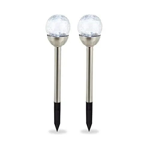 Produktbild: Relaxdays Solarlampen für außen, 2er Set, LED Garten Solarleuchten Kugel, weißes Licht, wasserdicht, Erdspieß, silber