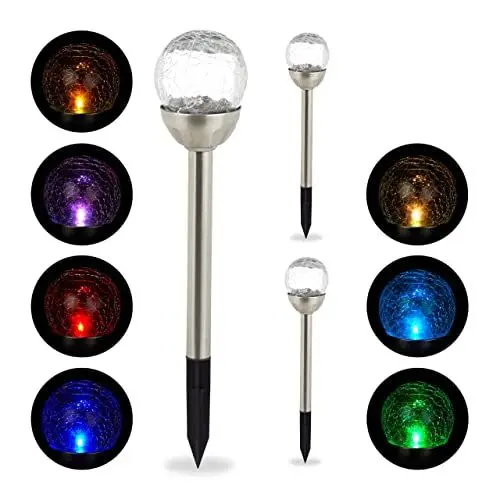 Produktbild: Relaxdays Solarlampen für außen, 3er Set, LED Garten Solarleuchten Kugel, Farbwechsel, wasserdicht, mit Erdspieß, Silber, 10041378