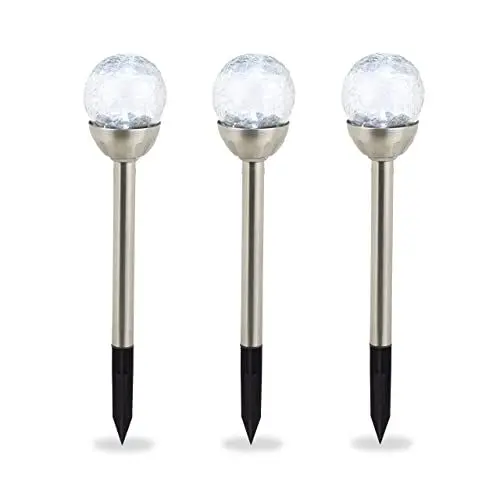 Produktbild: Relaxdays Solarlampen für außen, 3er Set, LED Garten Solarleuchten Kugel, weißes Licht, wasserdicht, Erdspieß, silber