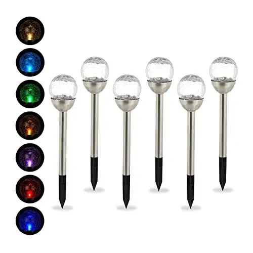 Produktbild: Relaxdays Solarlampen für außen, 6er Set, LED Garten Solarleuchten Kugel, Farbwechsel, wasserdicht, mit Erdspieß, silber