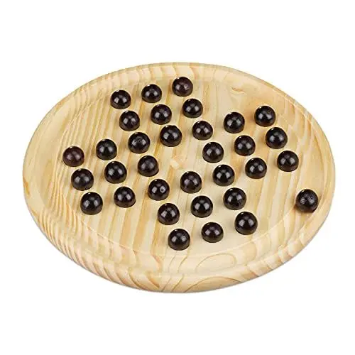 Produktbild: Relaxdays Solitaire Spiel, rundes Spielbrett, 33 Kugeln, Kinder & Erwachsene, 1 Spieler, Holz Brettspiel, natur/schwarz
