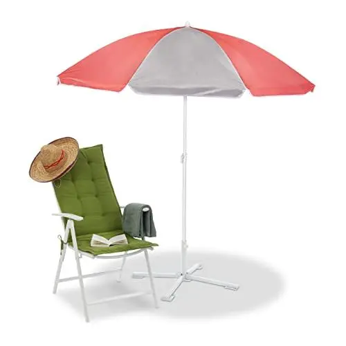 Produktbild: Relaxdays Sonnenschirm, Ø160 cm, höhenverstellbar, knickbar, UV-Schutz, Polyester, Stahl, runder Strandschirm, grau/pink