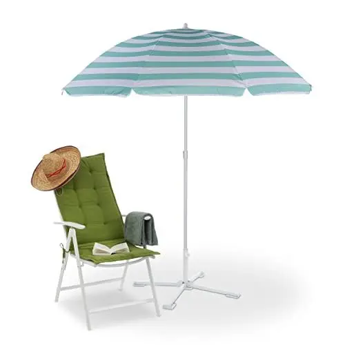 Produktbild: Relaxdays Sonnenschirm, Ø 160 cm, höhenverstellbar, knickbar, Strandschirm mit Tasche, Polyester, Stahl, weiß/türkis