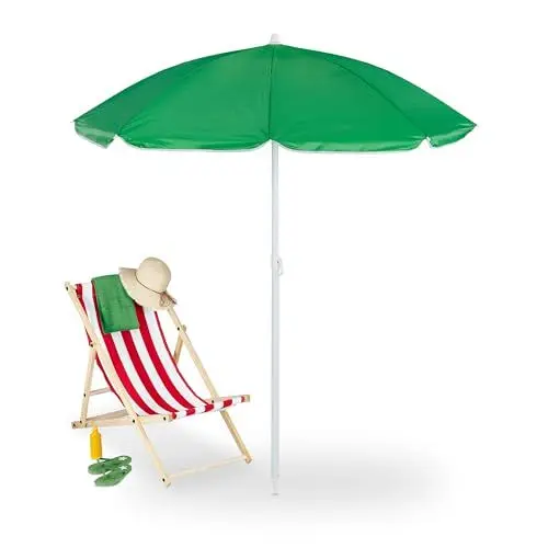 Produktbild: Relaxdays Sonnenschirm, Ø 160 cm, knickbar, höhenverstellbar, UV-Schutz, Strandschirm mit Tasche, Strand & Balkon, grün