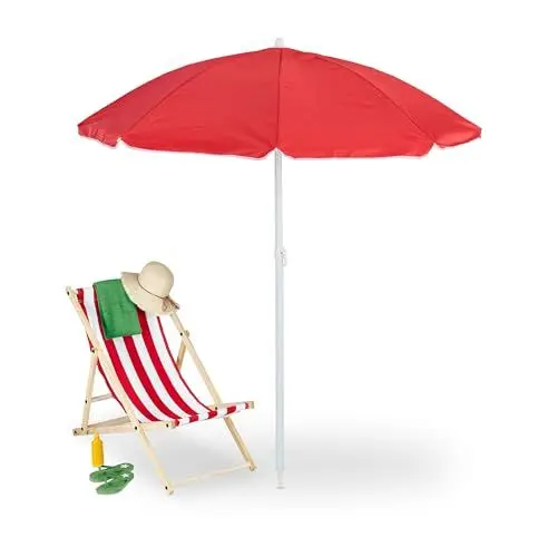 Produktbild: Relaxdays Sonnenschirm, Ø 160 cm, knickbar, höhenverstellbar, UV-Schutz, Strandschirm mit Tasche, Strand & Balkon, rot