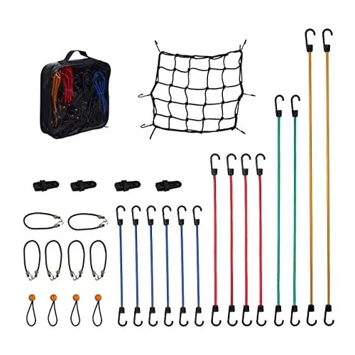 Produktbild: Relaxdays Spanngummi 30er Set, Gepäckspanner, Planenclips, Gepäcknetz, Tragetasche, Universal Expander, Mehrfarbig