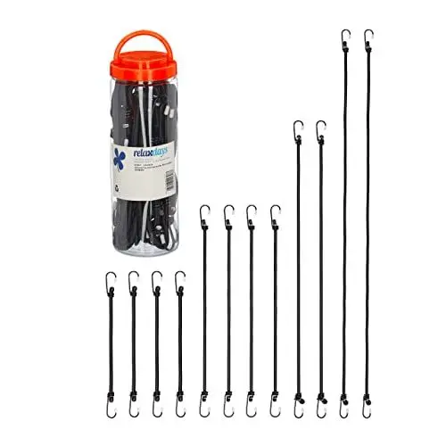 Produktbild: Relaxdays Spanngummi mit Haken, 12er Set, Fahrrad Gummispanner Gepäckträger, 4 Größen, Universal Gepäckspanner, schwarz