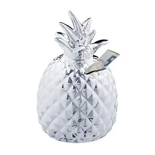 Produktbild: Relaxdays Spardose Ananas, Dekofigur, Sparschwein mit Schloss, 2 Schlüssel, Keramik Sparbüchse, H x D 16 x 9 cm, Silber, 1 Stück
