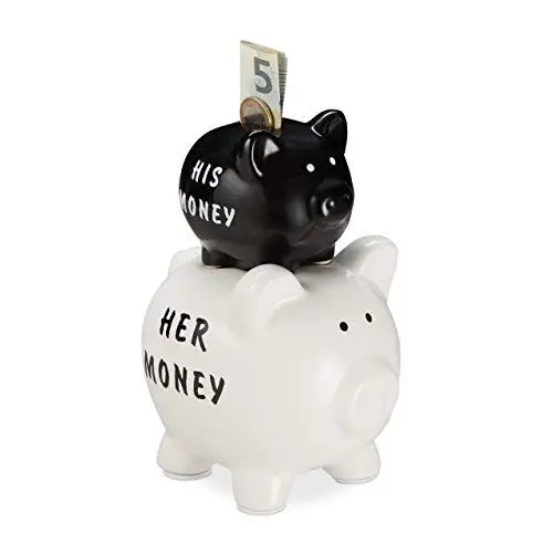 Produktbild: Relaxdays Sparschwein, His & Her Money, 2 Schweine, lustiges Geldgeschenk für Paare & Hochzeiten, Spardose, schwarz/weiß, 1 Stück