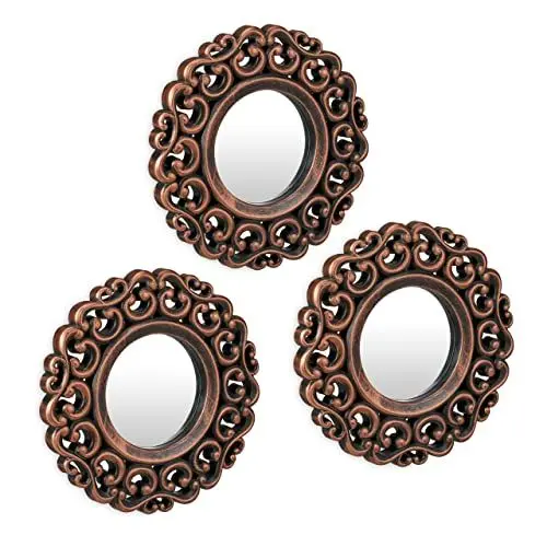 Produktbild: Relaxdays Spiegel 3er Set, barocker Deko-Wandspiegel, Wohnzimmer, Flur, Ø je 25 cm, Kunststoff-Rahmen, Bronze/schwarz