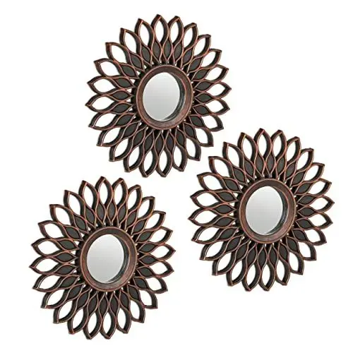 Produktbild: Relaxdays Spiegel 3er Set, floraler Deko Wandspiegel, Wohnzimmer, Flur, Ø je 25 cm, Kunststoff-Rahmen, Bronze/schwarz