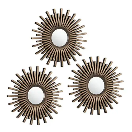 Produktbild: Relaxdays Spiegel 3er Set, runde Sonnenspiegel, Ø 25 cm, Wohnzimmer, Flur, Dekospiegel Sonne, Kunststoff-Rahmen, Gold