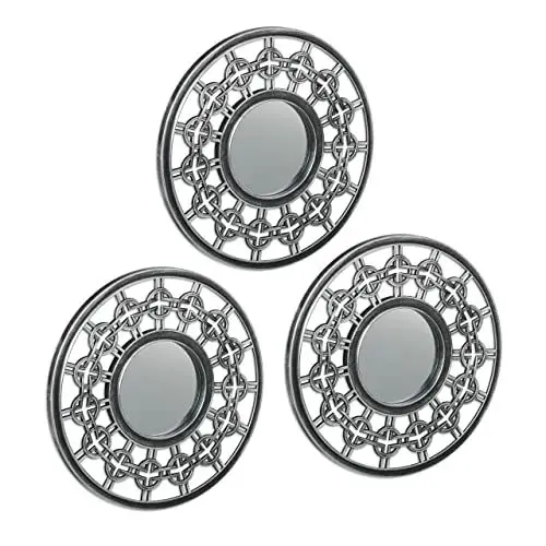 Produktbild: Relaxdays Spiegel 3er Set, runde Zierspiegel, Ø 25cm, Wohnzimmer, Schlafzimmer, Flur, Dekospiegel Ornamente, Silber-grau