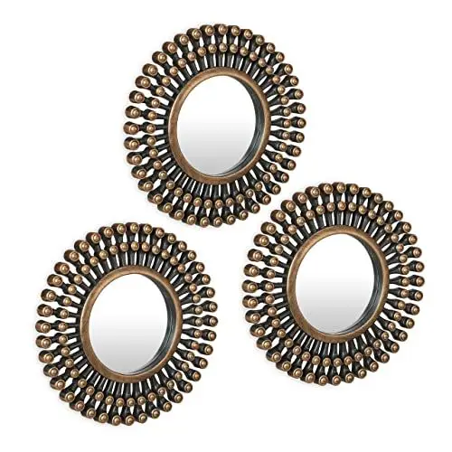 Produktbild: Relaxdays Spiegel 3er Set, runder Sonnenspiegel, Wohnzimmer, Flur, Dekospiegel, Ø 25 cm, Kunststoff-Rahmen, Gold/schwarz