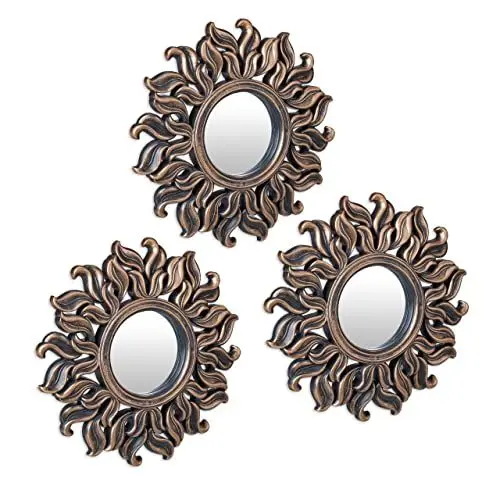 Produktbild: Relaxdays Spiegel 3er Set, runder Sonnenspiegel, Wohnzimmer, Flur, Dekospiegel, Ø je 24 cm, Kunststoff-Rahmen, Bronze
