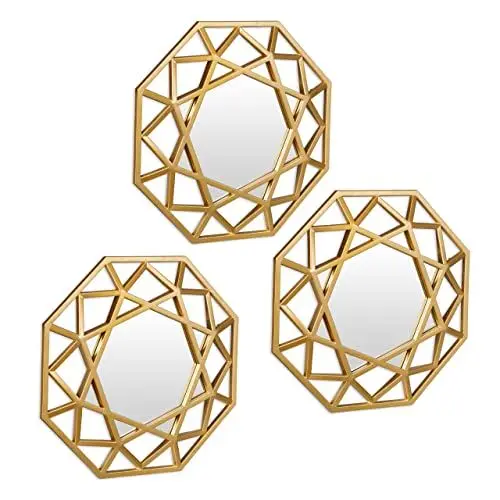 Produktbild: Relaxdays Spiegel im 3er Set, Diamant Deko-Wandspiegel, Wohnzimmer, Flur, H x B: 25 x 25 cm, Kunststoff-Rahmen, Gold