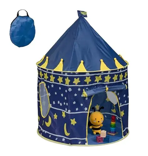 Produktbild: Relaxdays Spielzelt Mond & Sterne, für Kinder, Indoor, HD 135x100 cm, Kinderzelt, Eingang mit Klettverschluss, blau/gelb