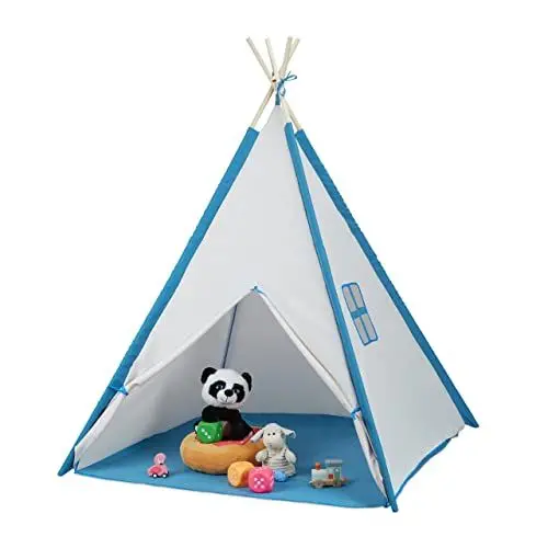 Produktbild: Relaxdays Spielzelt, Tipi Zelt für Kinder, mit Boden, Kinderzelt, HBT: 154 x 124 x 124 cm, drinnen & draußen, weiß/blau