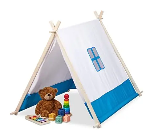 Produktbild: Relaxdays Spielzelt für Kinder, flach, mit Fenster & Tür, HBT: 92 x 86 x 120 cm, Wigwam Kinderzelt, Indoor, blau/weiß
