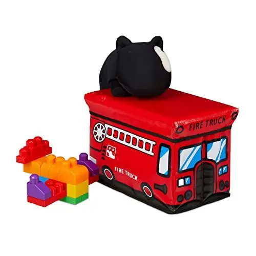 Produktbild: Relaxdays Spielzeugkiste faltbar, Feuerwehr, Aufbewahrungsbox m. Stauraum & Deckel, gepolstert, HBT 27 x 40 x 25 cm, rot