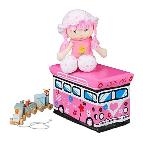 Produktbild: Relaxdays Spielzeugkiste faltbar, pinker Bus, Aufbewahrungsbox mit Stauraum & Deckel, gepolstert, 27 x 40 x 25 cm, rosa