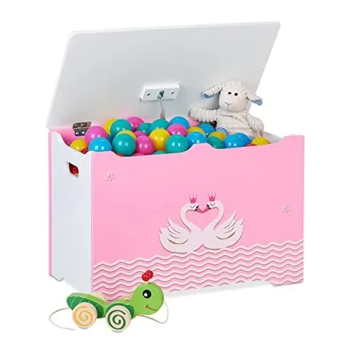 Produktbild: Relaxdays Spielzeugtruhe, Schwanen-Motiv, Spielzeugkiste mit Deckel, HBT: 40 x 60 x 34 cm, MDF, Spielzeugbox, rosa/weiß