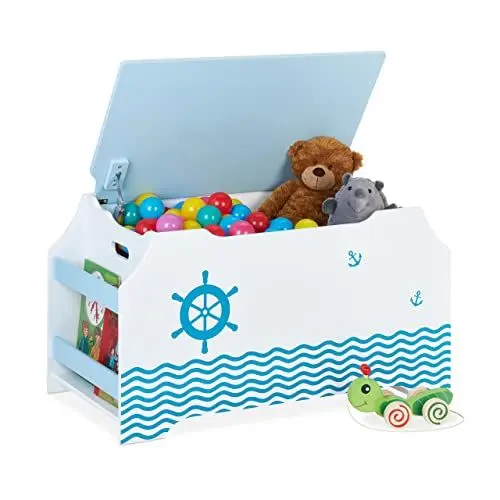 Produktbild: Relaxdays Spielzeugtruhe Seemann, Spielzeugkiste mit Deckel, HBT: 46 x 84 x 42,5 cm, Bücherfach, Spielzeugbox, weiß/blau