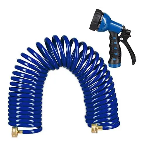 Produktbild: Relaxdays Spiralschlauch Wasser, bis 10 m ausziehbar, flexibler Gartenschlauch mit Wasserbrause, 7 Strahlarten, blau, 25 x 52 x 15 cm