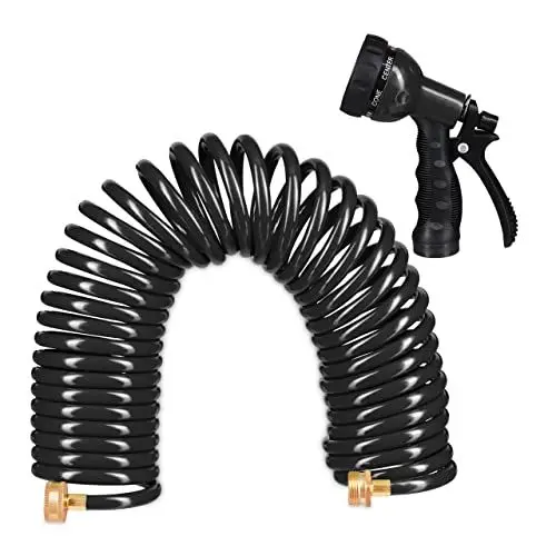 Produktbild: Relaxdays Spiralschlauch Wasser, bis 10 m ausziehbar, flexibler Gartenschlauch mit Wasserbrause, 7 Strahlarten, schwarz