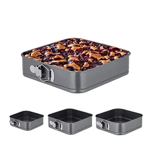 Produktbild: Relaxdays Springform 4er Set, quadratisch, 15, 18, 22, 26 cm, Edelstahl, antihaftbeschichtete Backformen, anthrazit