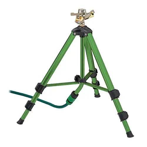 Produktbild: Relaxdays Sprinkler mit Teleskop-Stativ, Sprühradius bis 9 m, Sektorenregner Metall, 360°, Impulsregner, grün/schwarz