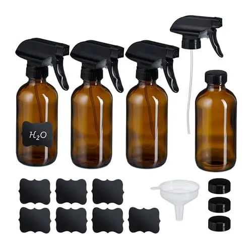 Produktbild: Relaxdays Sprühflasche Glas, 4er Set, 250ml, Nebel & Strahl, Wassersprüher für Haare, Reinigung, Pflanzen, braun/schwarz.
