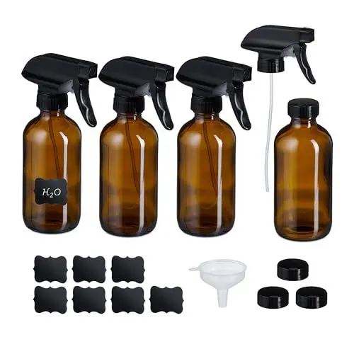 Produktbild: Relaxdays Sprühflasche Glas, 4er Set, 500ml, Nebel & Strahl, Wassersprüher für Haare, Reinigung, Pflanzen, braun/schwarz.