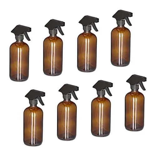 Produktbild: Relaxdays Sprühflasche Glas, 8er Set, 500 ml, Nebel & Strahl, Spritzflasche für Haarpflege, Reinigung & Pflanzen, braun