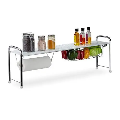 Produktbild: Relaxdays Spülbeckenregal mit Küchenrollenhalter, Küchenregal mit Korb, Metall, H x B x T: 32 x 94 x 23 cm, weiß/silber