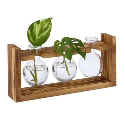 Produktbild: Relaxdays Ständer Reagenzglas Vase, runde Glasvasen mit Halterung, Blumen & Pflanzen, HxBxT: 13x28x6,5 cm, transparent/Natur, Rund