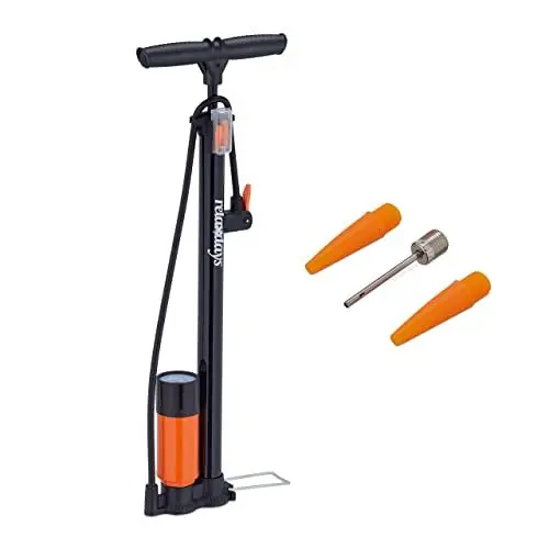 Produktbild: Relaxdays Standpumpe, Manometer, Doppelpumpkopf, 3 Aufsätze, Hochdruck Universalluftpumpe, alle Ventile, schwarz-orange, 1 Stück