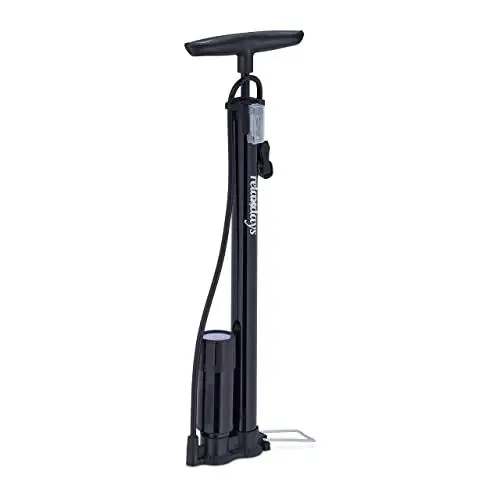 Produktbild: Relaxdays Standpumpe mit Manometer, Doppelpumpenkopf, 3 Aufsätze, Hochdruck Universalluftpumpe, alle Ventile, schwarz