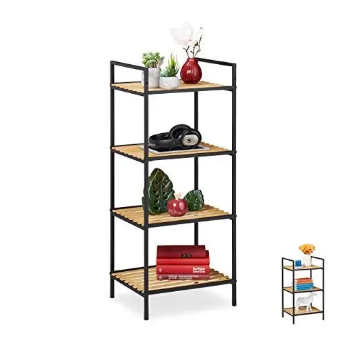 Produktbild: Relaxdays Standregal 4 Ablagen, Bambus & Metall, offenes Regal, Stehregal Flur, HxBxT: 95 x 39 x 32,5 cm, braun-schwarz