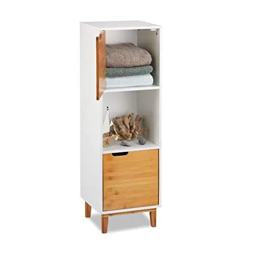 Produktbild: Relaxdays Standregal weiß, Beistellschrank aus MDF und Bambus, Wohnzimmerregal, skandinavisch, HBT 101x32x30 cm, White, 3 Ablagen