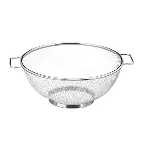 Produktbild: Relaxdays Standsieb Edelstahl, feinmaschiger Seiher mit Griffen & Ringsockel, spülmaschinenfest, Nudeln, 26cm Ø, silber, 1 Stück, 10.7 x 31 x 26 cm