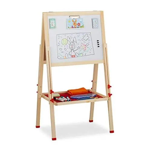 Produktbild: Relaxdays Standtafel Kinder, Whiteboard und Kreidetafel, höhenverstellbar, Aufsteller Holz, 102-135 x 55 x 52 cm, natur, Hellbraun, Weiß, Dunkelgrün